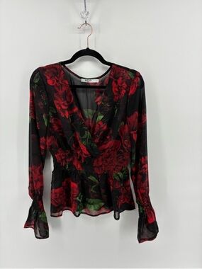 Na-kd Smocked Sleeve Blouse Floral V-Neck Blouse - Red and Black Sheer Roses